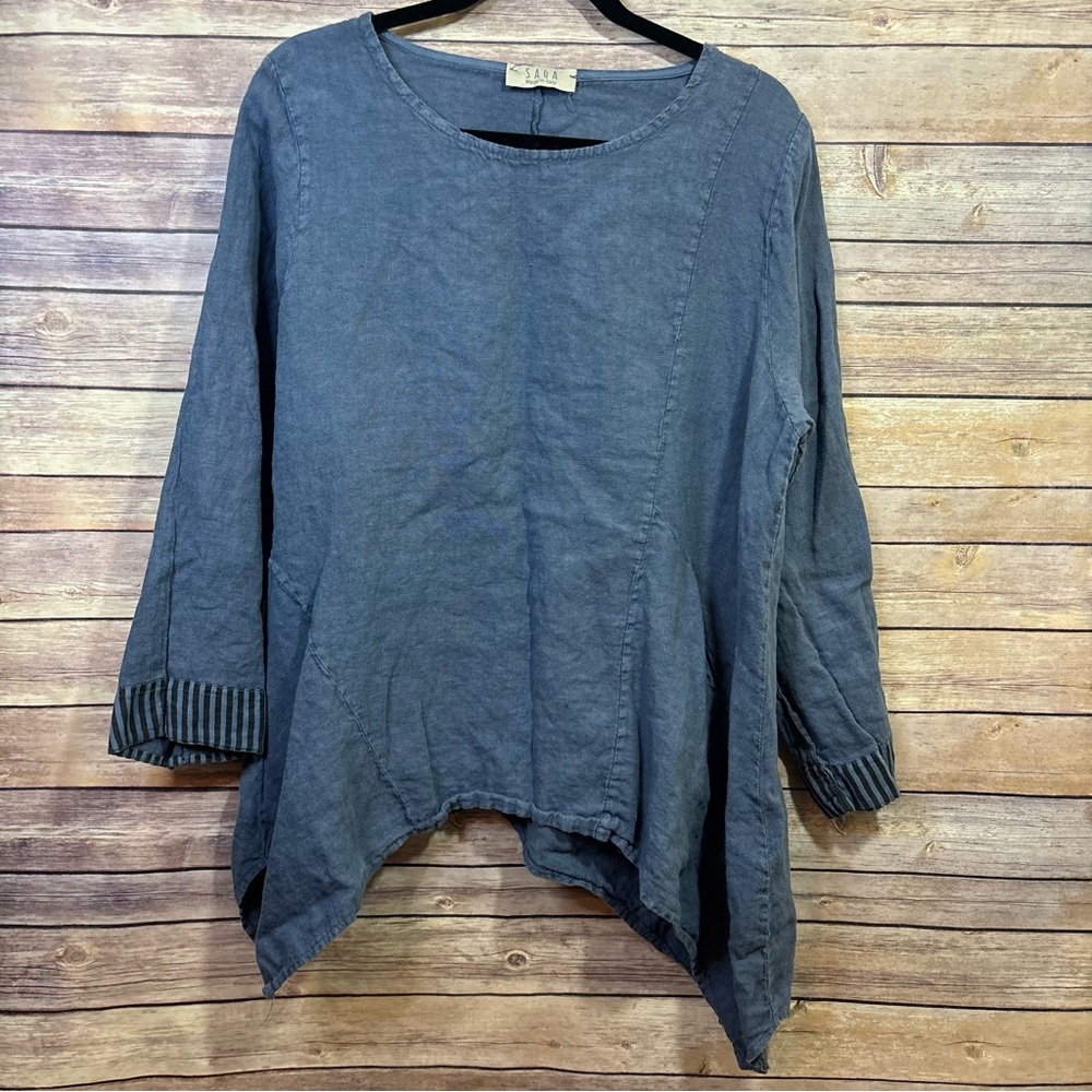 SAGA 100% Linen Blue 3/4 Sleeve Tunic Top Asymmetrical Size Medium